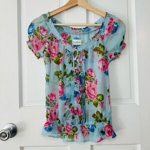 Abercrombie & Fitch Sheer Blue Floral Ruffle Blouse Smocked Romantic Top Size XS
